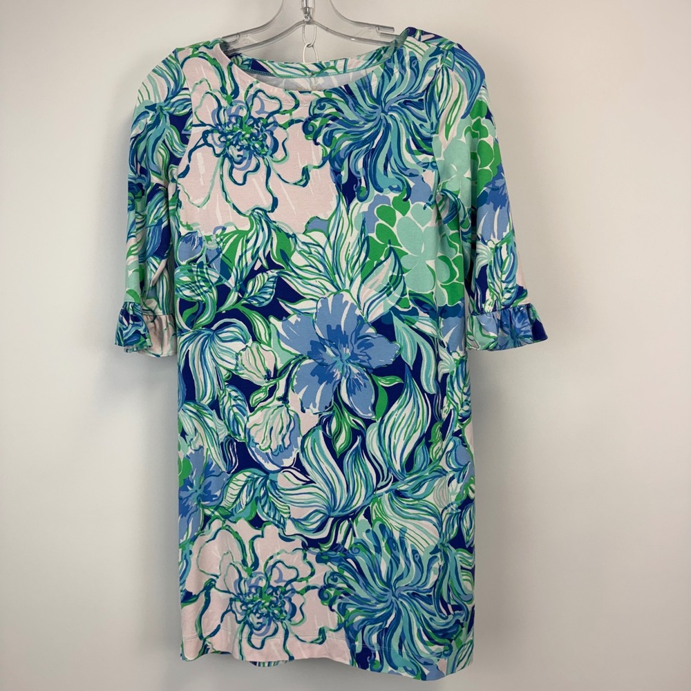 Lilly Pulitzer XL 12-14 Floral Ruffle Sleeve Shift Dress Blue Green Pink Jersey